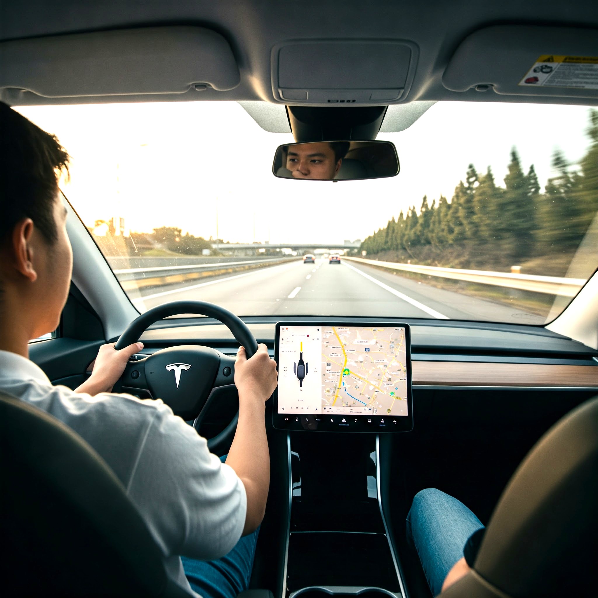 Fahrschüler in Dietikon fährt moderne Tesla‑Fahrstunde bei Winis Fahrschule zur Vorbereitung auf den Führerschein.