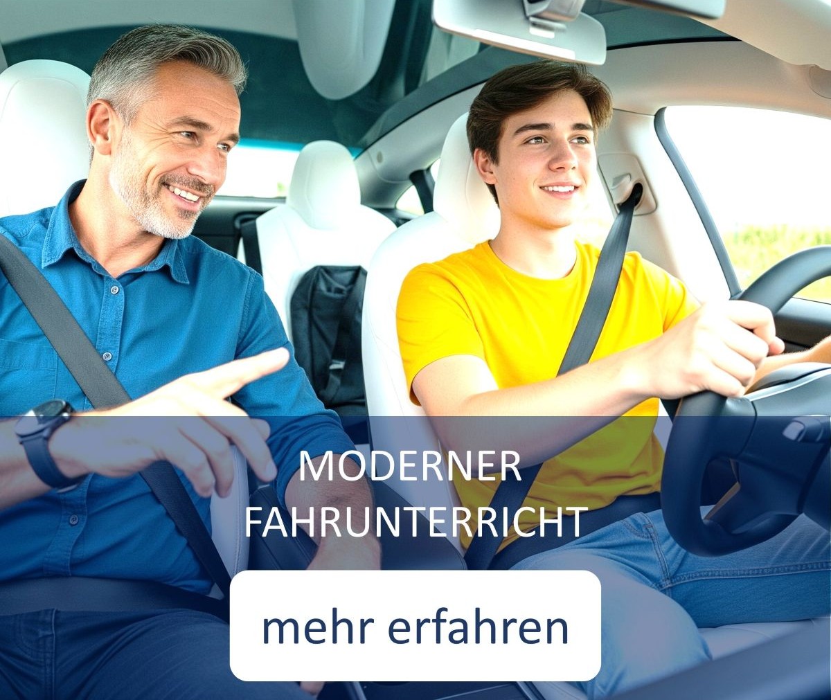 junger Mann und Fahrlehrerin sitzen in einem modernen Fahrschulauto und blicken lächelnd in die Kamera.