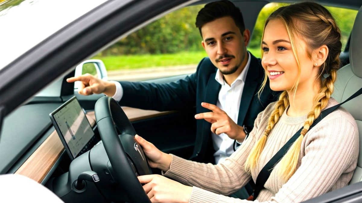 Fahrlehrer mit Fahrschülerin im Auto